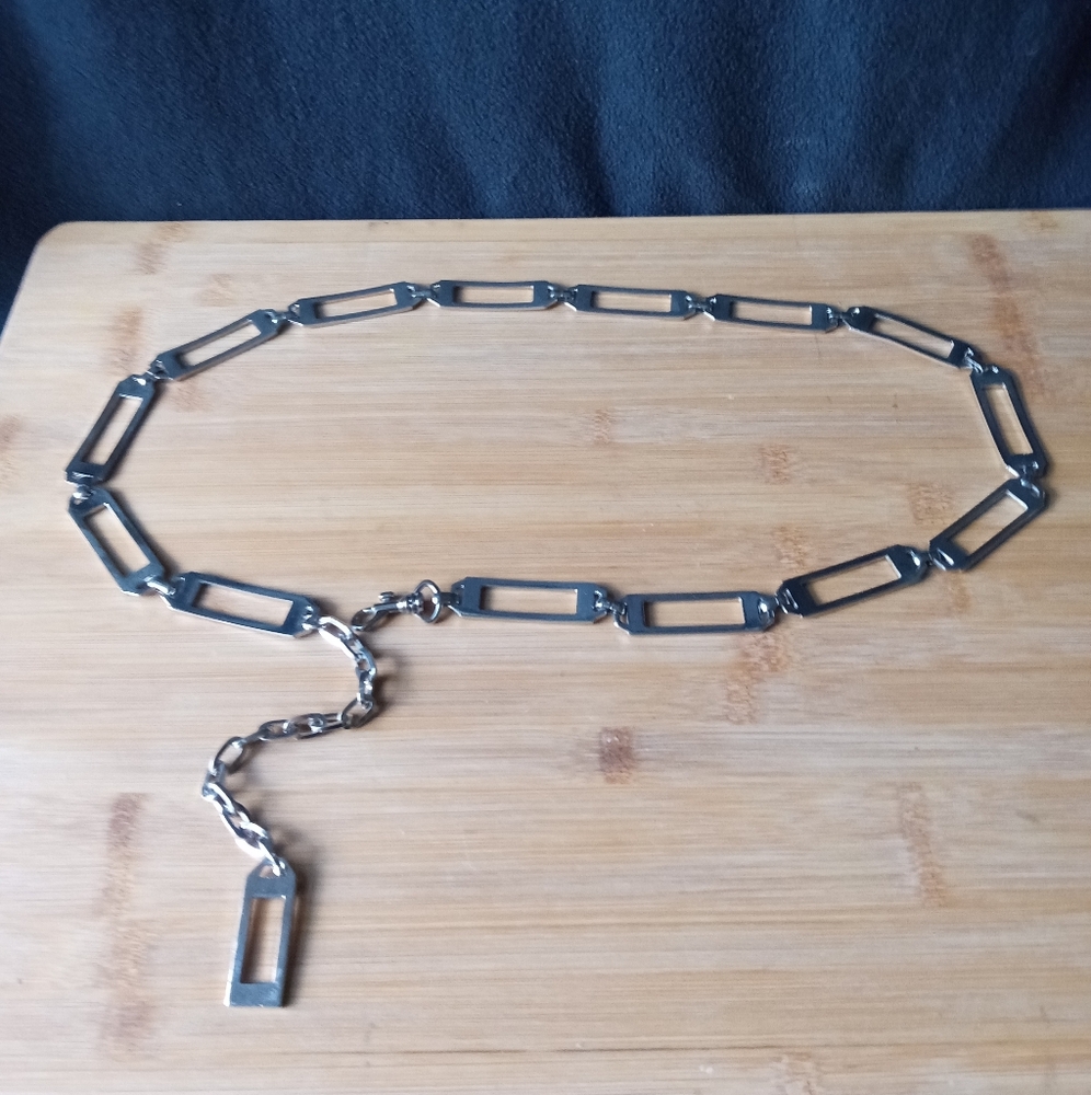 VINTAGE LIZ CLAIBORNE Rectangle Link Chain Belt Silver Tone Metal Adjustable 36L